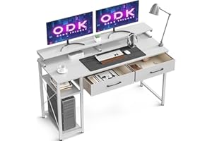 ODK Scrivania con 2 Cassetti, Scrivania Computer di Casa con Supporto per Monitor, Scrivania Ufficio Scrivania per PC Scrivania Gaming per Piccoli Spazi (Bianco, 120x50cm)