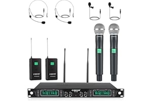 PHENYX PRO Pheny Pro Sistema de microfonía inalámbrica UHF de 4 Canales, frecuencia Fija Micrófonos de Mano/de Bolsillo/de Diadema/de Solapa para Iglesia, Karaoke, Vocal, DJ (PTU-5000B)