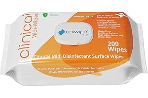 Uniwipe Clinical Midi-Wipes, Antibacterial, Sanitising, Kills 99.999% of Germs, 200 Count