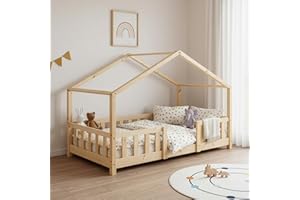 [en.casa] Lit d'enfant Design en Forme Maison avec Grille de Protection Construction Solide Capacité de Charge 50 kg Bois de Pin Contreplaqué 140 x 70 cm Bois Naturel