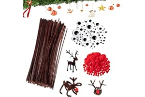DONGSZQ 500 Pièces Fils chenilles Set, Tiges de Chenille de Noël Avec Bring Pompons Rouges,Yeux Auto-Adhésifs,Cure Pipes Marron Pour Bricolage de Noël Fait à La Main