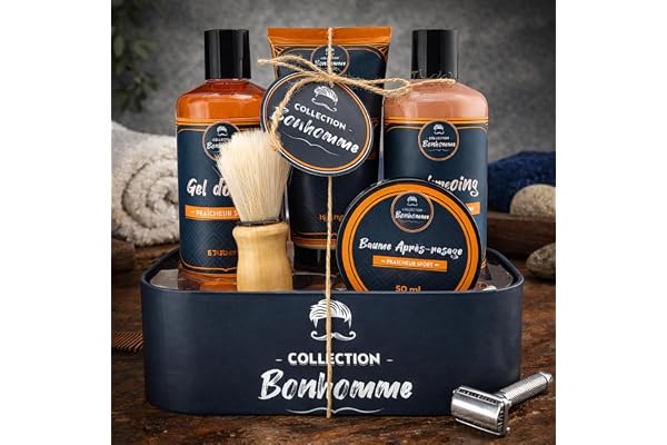 French Tendance - Coffret Homme Douche - Kit Complet Gel Douche, Shampoing, Crème de Rasage, Blaireau, Baume Apres Rasage Homme - Soin Corps, Visage - Senteur Fraicheur Sport - Entretien Barbe