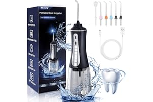 Skeufy Hydropulseur dentaire pour dents sans fil, puissant avec 6 embouts de jet, étanche IPX7 avec 5 modes, réservoir d'eau portable de 350 ml pour voyage et usage domestique