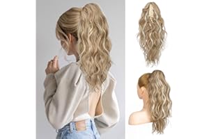 ‎FLUFYMOOZ FLUFYMOOZ Ponytail Extension Pferdeschwanzverlängerung, 46 cm Klauenclip Pferdeschwanzverlängerung, gewellte lockige Klauenclip in Pferdeschwanz Haarverlängerungen (Honigblond mit Highlights)