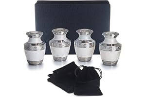 BOLD & DIVINE Small Heavenly Peace Pearl White Keepsake Urns | For Human Ashes | Handcrafted | 3" Tall Mini Urn Set of 4 with Individual Velvet Bags