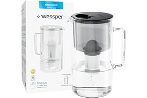 Wessper Glass Water Filter Jug, Incl. 1 Filter Cartridge Aquaclassic Filter| Reduces Lime & Chlorine And Eliminates Plastic Microparticles 2.5 Litre Black