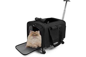 ALLSOPETS Transportín Plegable para Mascotas con Ruedas y Varilla Telescópica - Transpirable Bolsa de Transporte para Gatos Perro Carga Máxima 15kg para Viajes Senderismo Camping Gris Oscuro