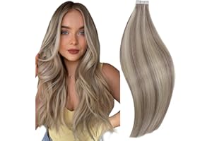 RUNATURE Tape in Hair Extensions Real Human Hair Blonde Higlight Gery Blonde Tape Hair Extensions Human Hair Invisible Remy Straight Tape Hair 12 Inch 30 Gram #19AP60