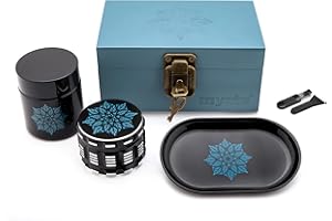 MYSTE BLUE MANDALA Stash Box mit Zubehör, groß Grinder 63mm, geruchsdichtes Set, Stashbox Combo Kit verschließbar, Rolling Tray Set