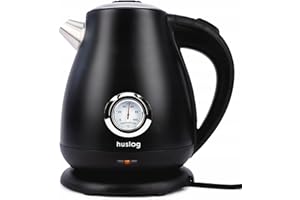 Huslog Bollitore Elettrico Retrò 1,7 L, 2200 W, in Acciaio Inox, con Indicatore di Temperatura, Bollitura Rapida, Base Girevole 360°, Spegnimento Automatico, Nero