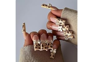 GlamRays 24 uñas postizas con forma ovalada de estilo francés en color marrón, con purpurina, 3D, diseño acrílico Squoval, 24 unidades