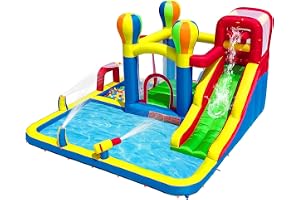 Baralir Uppblåsbart hoppborg inomhus, torr/vattenrutschkana, lämplig för barn från 3 till 8 år, hoppborg utomhus med fläkt 340 × 335 × 209 cm