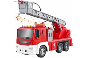 LioMaxi Scala 1:16 Camion Pompieri Giocattolo per Bambini, Autopompa Antincendio a Inerzia, Luci & Suoni,con pompa spruzzatrice d'acqua, scala estensibile, Rosso (scala del cestino)