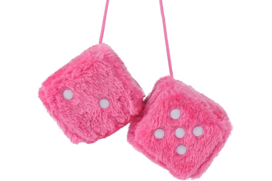 Pink Fluffy Dice for Car, 3 Inch Fuzzy Plush Rear View Mirror Hanging Decor – Washable Retro Car Interior Decoration & Ornament to Personalise Your Ride. First Car Gift for Women & New Drivers.
