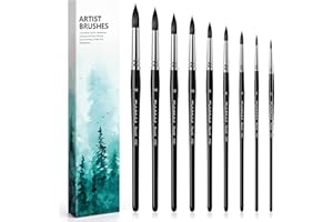 FUUMUUI Pennelli Acquerello Professionali - Set di 9 Pennelli Tonda per Dipingere per Acquerello, Inchiostro, Pennello Acquerelli in Setola Sintetica Scoiattolo per Alta Assorbenza | Watercolor Brushes