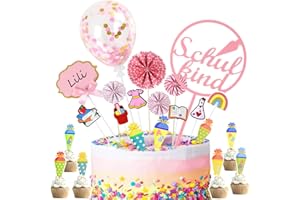 iZoeL 27 Stück Kuchendeko Schulanfang Mädchen SCHULKIND Tortendeko Einschulung Zuckertüte Cake Topper Konfetti Ballon Papierfächer ABC 123 Torten Cupcake Muffin Deko Tortenaufsätze