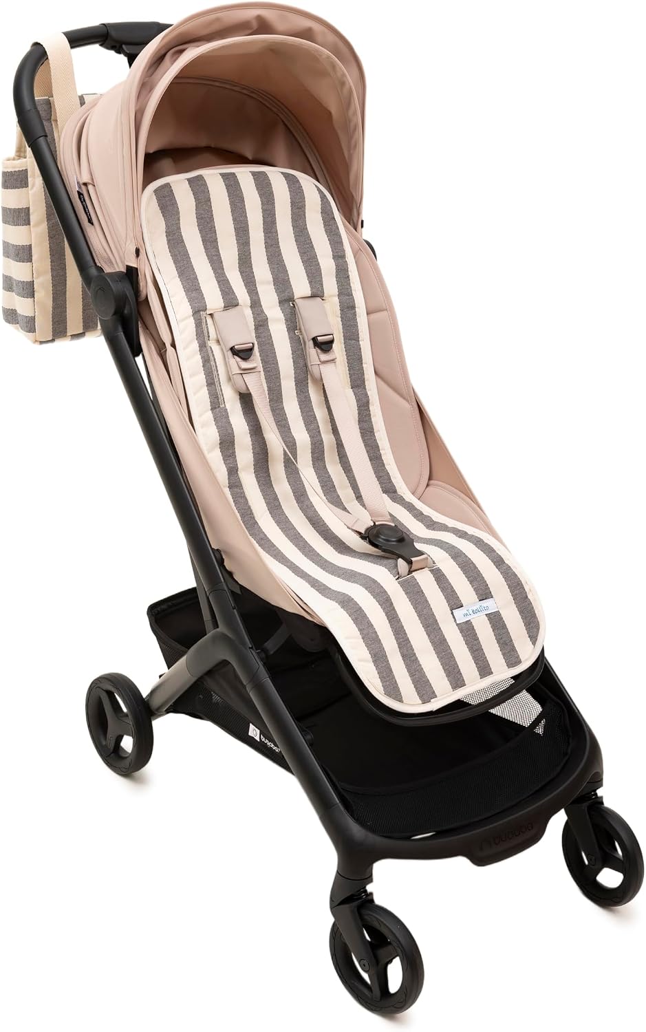 Mi Bollito - Colchoneta silla de paseo universal – Modelo a rayas acolchada y transpirable – 100% algodón – Compatible con todos los carros de bebé - Fabricado en España. (Negro)