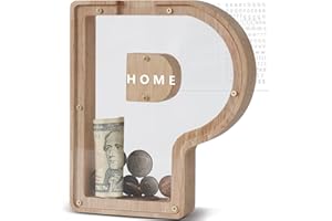 DBPBToU Salvadanaio Personalizzato, Lettre Salvadanaio in Legno Trasparente, Salvadanaio Apribile per Bambini, Salvadanaio Grande Creativo per Regalo di Compleanno/Decorazione Domestica/Ricordo (P)