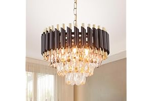FRIXCHUR Modern Crystal Chandeliers 15.7" Black and Gold Chandelier Crystal Pendant Light Chandelier 3-Tier Crystal Flush Mount Ceiling Light Chandeliers for Bedroom Living Room E14*5 Bulb…