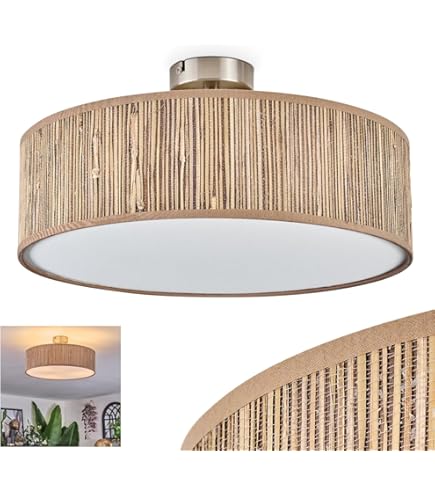 HOFSTEIN Foggia Plafondlamp - Ronde Moderne Lamp 60cm Metaal/Riet/Kunststof Mat Nikkel/Naturel/Wit - E27 Voor Eetkamer, Woonkamer, Slaapkamer En Keuken