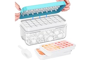 PHINOX Eiswürfelform, Eiswürfelbehälter, 64 Eiswürfel, Eiswürfelform mit Deckel, mit 2 Tablett, einfaches Drücken zum Herausgeben der Eiswürfel, auslaufsicher, zum Kühlen von Cocktails, Whisky, Kaffee, Blau