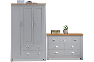 GENERIC Bedroom Sets with 3 Door Wardrobe & 4+3 Drawer Chest of Drawer with Stainless Steel Cup Handle Modern Bedroom Furniture Set for 2 Piece Bedroom Storage Furniture Set (Grey & Oak)