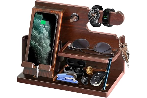 Cadeau Original homme Support Bois Téléphone Bureau et Montre Organisateur de Table pour Fête des Pères