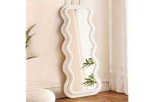 YOSHOOT Specchio a forma di onda, grande specchio da pavimento, con cornice in legno avvolta in flanella, grande da appendere o appoggiare (bianco)
