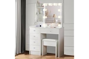 Teousev Dressing Table with Mirror and Stool, Vanity Desk Set with Drawers and Lights Adjustable Brightness, Makeup Vanity Table with Storage Shelves and Built-in Power Outlet