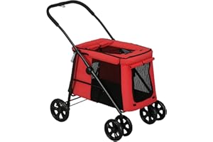 PawHut Poussette chien poussette pour chien pliable coussin inclus roues avec frein tissu 600D Oxford acier pour animaux moins de 20 kg, 102 x 62 x 105 cm, rouge