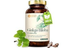 ‎NATURE BASICS Natürliches Ginkgo Biloba - 180 Kapseln hochdosiert / 115 mg Ginkgo Biloba & 40 mg Ginseng Extrakt pro Tagesdosis/Vegan, Zertifiziert & Nachhaltig im Glas