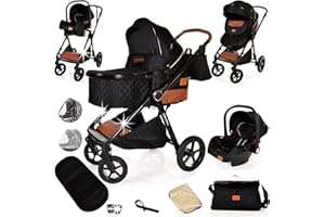 BONEELOOK Baby Buggy Pram Pushchair Stroller 3 in 1 Child Lightweight Folding Stroller 3 in 1 Travel System Pram for Newborns & Toddlers from Birth Aluminum (Black - Black Frame)
