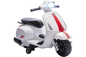 AIYAPLAY Moto Eléctrica para Niños 6V con Licencia Vespa, Moto Eléctrica Infantil con Ruedas Auxiliares de 6,9'', Velocidad de 2,5km/h, Faro y Bocina, para Niños de 2-6 Años, Blanco