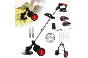 Yirtree Electric Weed Wacker,Battery Powered Grass Trimmer,Cordless Grass Trimmer,Lightweight Push Lawn Mower with Wheels,3 Types Blades for The Overall Trimming of Flowers,& Plants in Family Yards