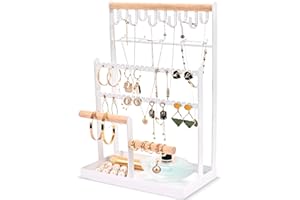 Lolalet Porte Bijoux Présentoir à Bijoux en Metal et Bois Durable avec Plateau et Crochets, Porte Collier Boucles d’Oreille, Organisateur de Bijoux -Blanc