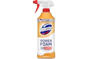 Domestos Power Foam Citrus Blast Toilet & Bathroom Cleaner Spray sprays upside down & eliminates 99.99% of germs* for cleaning inside the toilet & around the bathroom 450 ml