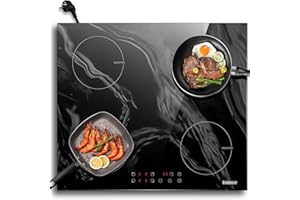 Karinear Piano Cottura Induzione 4 Fuochi, 60cm Piastra Induzione Elettrico 3500W, Piani Cottura con Spina, 9 Power Comandi Toccare, Blocco di Sicurezza per Bambini, Timer Lock, Vetro, Marmo Nero