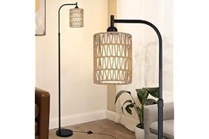 Rayofly Lampada da Terra in Rattan per Soggiorno, Lampada da Terra Boho con Paralumi in Rattan e Lino, Lampada da Terra Vintage con Interruttore a Pedale, Lampada da Terra Nera per Camera da Letto