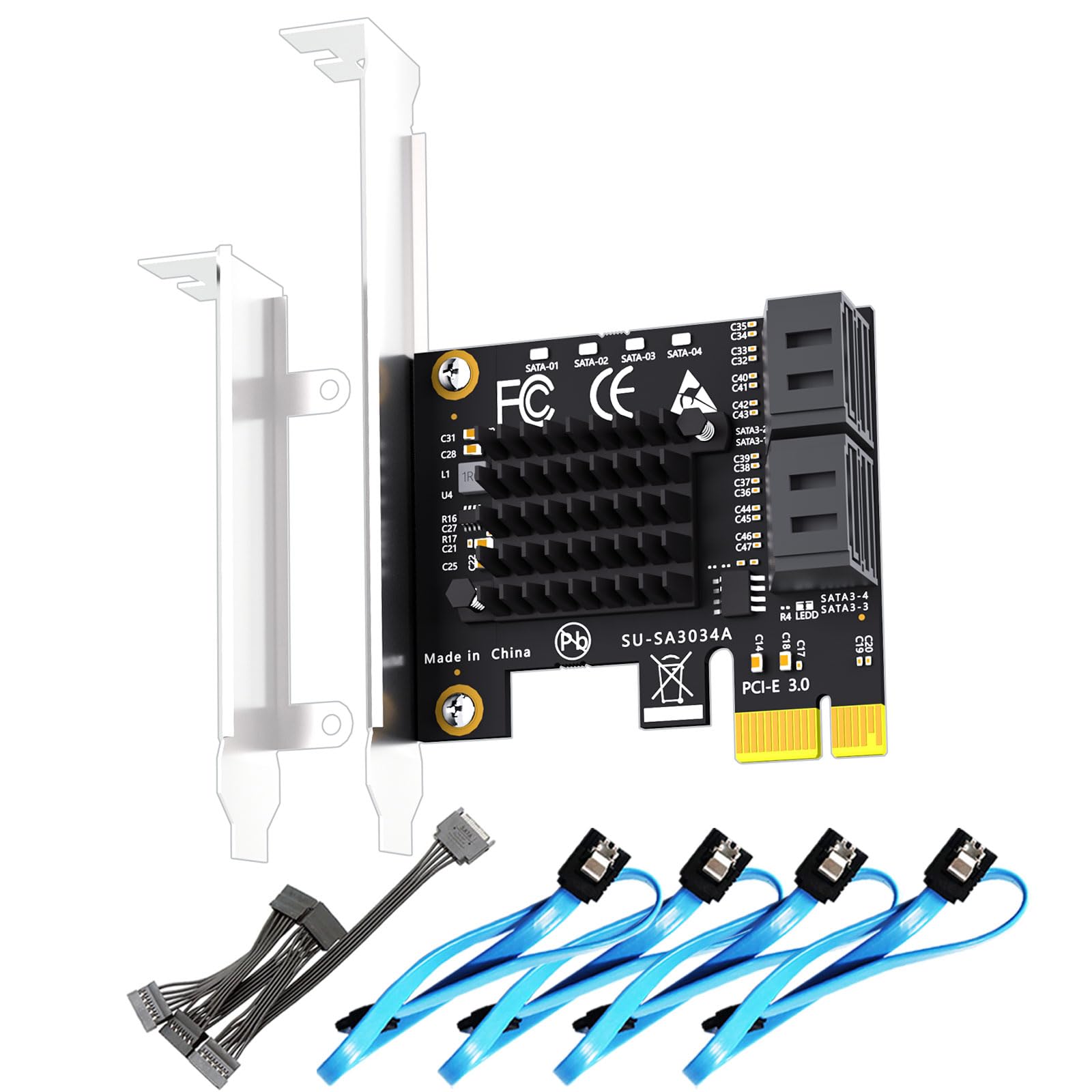 GLOTRENDS 4 Ports PCIe SATA Expansion Card, Including SATA Cables and 1:5 SATA Splitter Power Cable, Support OS Booting, Compatible with Windows,Linux,Mac OS,NAS (SA3034A)