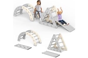 CUPCHID 10 in1 Montessori Indoor Playset with Slide and Rocker,Plastic Indoor Climbing Frame for Toddlers,Montessori Climber Ladder Slide Learning Climbing Arch Toys（Beige gray）