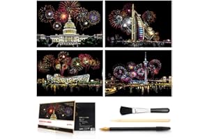 ARTSPER Rainbow Scratch Art Painting Paper (A4) for Kids & Adults, DIY Night View Scratchboard, Art & Craft, Engraving Art Set: 4 Sheets Scratch Cards & Scratch Drawing Pen, Clean Brush (Congress Building)