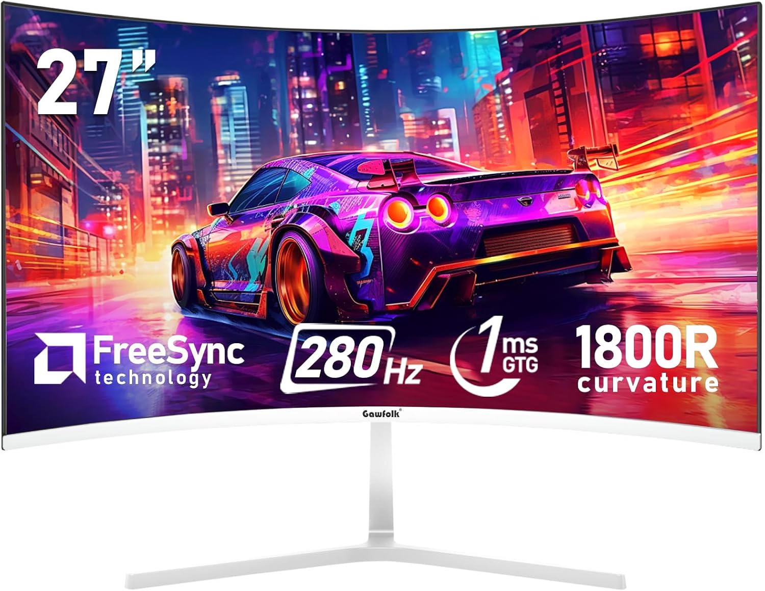 Gawfolk 27 Inch PC computer screen,1800R Curved Gaming 280Hz Monitors, FHD1080p 1ms without Bezel, freesync, 98%sRGB,178 ° Angle View HDMI DisplayPort, Compatible with Wall-Mounted VESA100*100MM-White