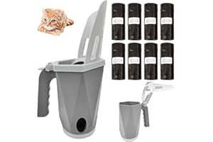 QIYICHE Łopata do kuwety, 2 w 1, szufla do żwirek dla kota z pojemnikiem, szufla z uchwytem, szufla do żwirku z 8 rolkami worków na śmieci, zdejmowana szufla do usuwania żwirków dla kotów