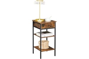 VASAGLE LET502B01 Bedside Table, End of Sofa, Side Table, Night Table, High Table, with Drawer and 2 Storage Shelves, Space Saving, Industrial Style, Rustic Brown and Black