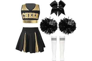 JanJean Kinder Mädchen Cheer Leader Kostüm Cheerleadering Outfit Uniform Karneval Kostüm Top und Rock mit Pompons/Schleife Haarbänder Strümpfe