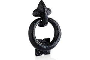XFORT Fleur De LYS Black Antique Ring Door Knocker - Traditional Rustic Cast Iron Ring Knocker for Front Door
