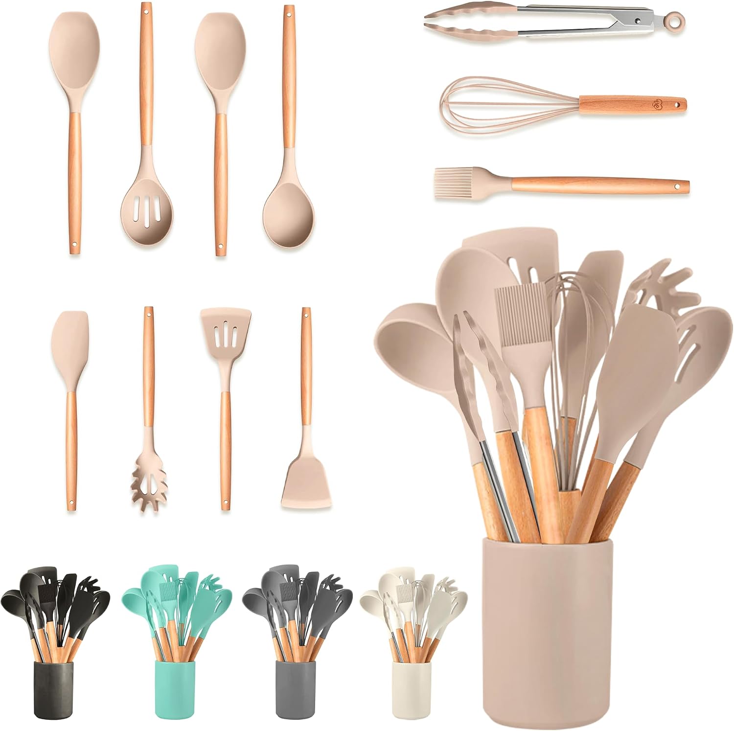 JUPPLIES Juego de Utensilios de Cocina de Silicona 12 Piezas con Mangos de Madera y Soporte Organizador – Set Antiadherente Resistente al Calor – Apto para Todas Las Ollas y Sartenes - Marrón