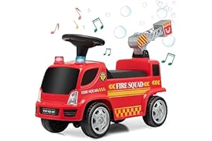 GOPLUS Rutschauto Feuerwehr mit Seifenblasenpistole, Feuerwehrauto mit Licht und Sound, Rutschauto mit Sirene & Musik für Jungen & Mädchen, Kinderfahrzeug für 18-36 Monate, Rot (Modell 2)
