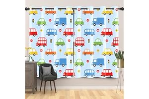 SDOTPMT 107x160cm, 2 Stücke Kinder Karikatur Fahrzeuge Muster Fenstervorhang Taxi LKW Bus Fenstervorhänge Verkehr Licht Auto Handgezeichnet Schiebevorhänge für Kinderzimmer Verdunkelung Vorhänge