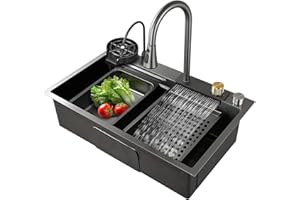 SYNSHOP Fregadero de cocina con grifo de cascada, fregadero de acero inoxidable negro, fregadero grande de un solo cuenco, incluye arandela de taza y todos los demás accesorios (80 x 45 x 22 cm)